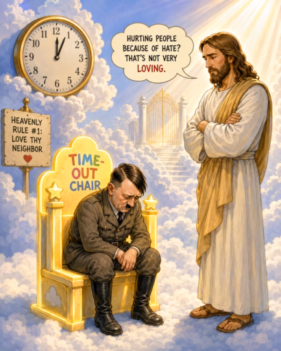 Adolf Hitler sitting in a timeout chair. Is this universal salvation?